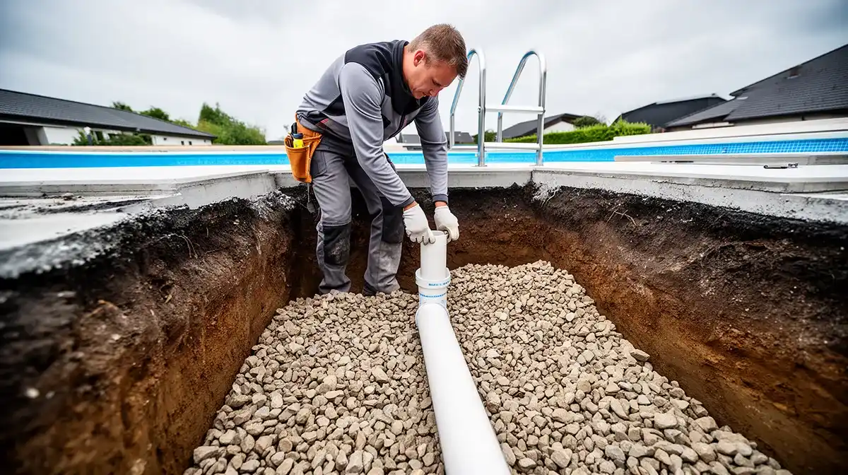 Installation d'un tube PVC de puits de décompression dans une fouille à côté d'une piscine en construction