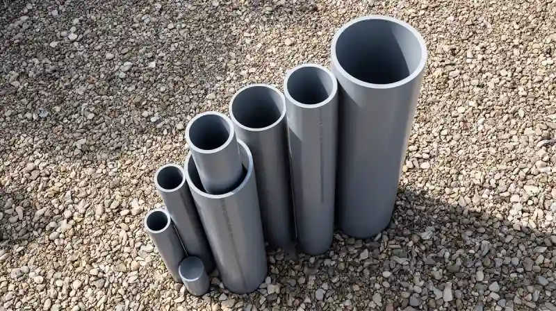 Tubes PVC de différents diamètres pour puits de décompression posés sur du gravier