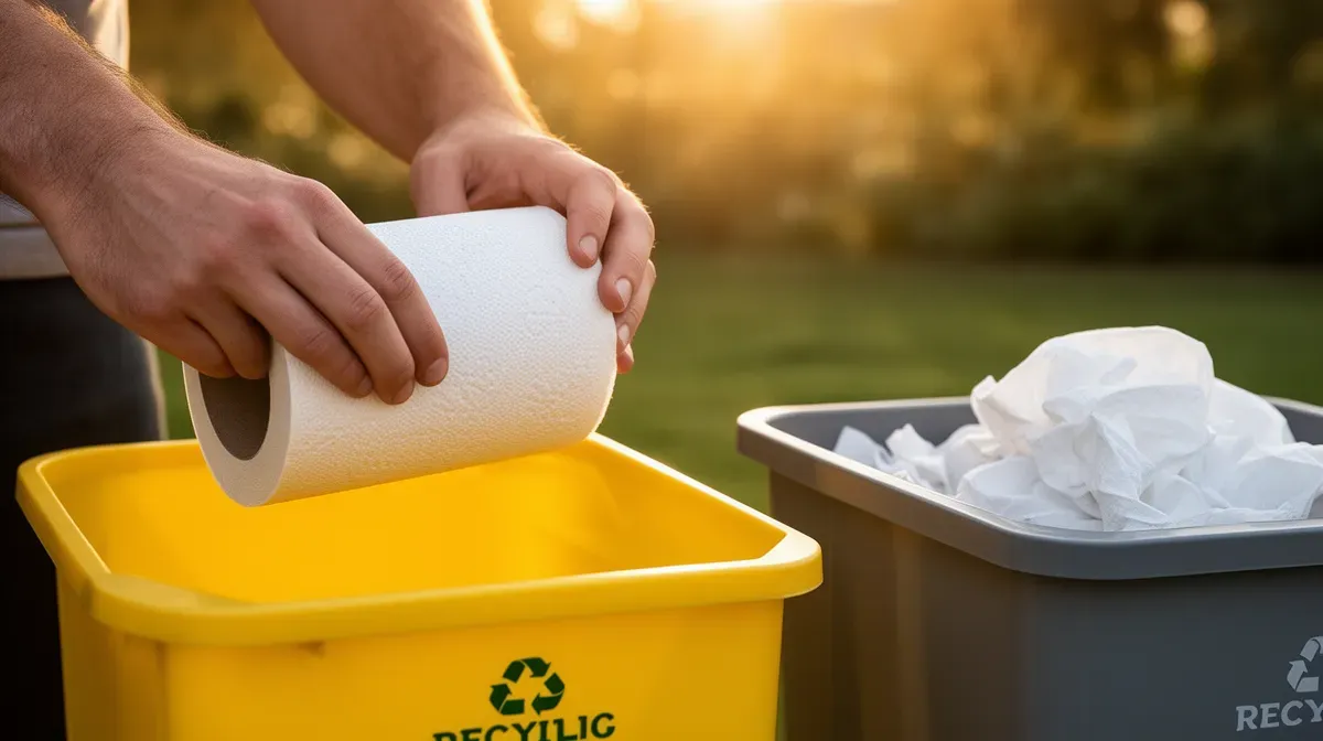 Mains séparant un rouleau en carton d'un sopalin usagé pour les jeter dans les bonnes poubelles