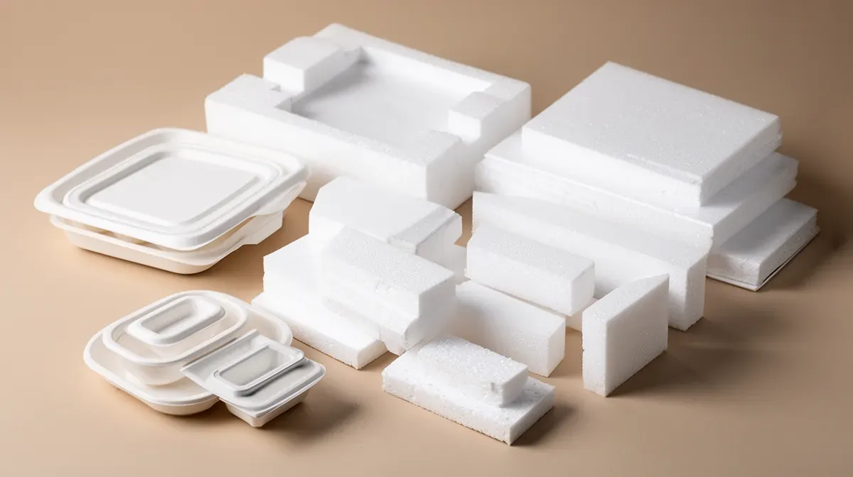 Différents types de déchets en polystyrène : barquettes, blocs de calage, panneaux isolants