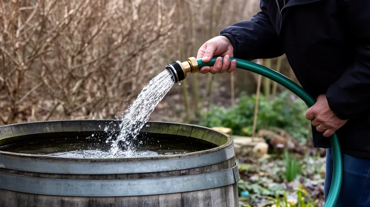 Vidange d'un récupérateur d'eau de pluie avec un tuyau avant l'hiver