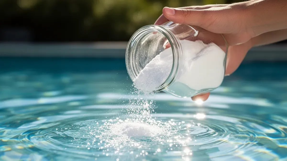 Gros plan d'une main versant du bicarbonate de soude dans une piscine