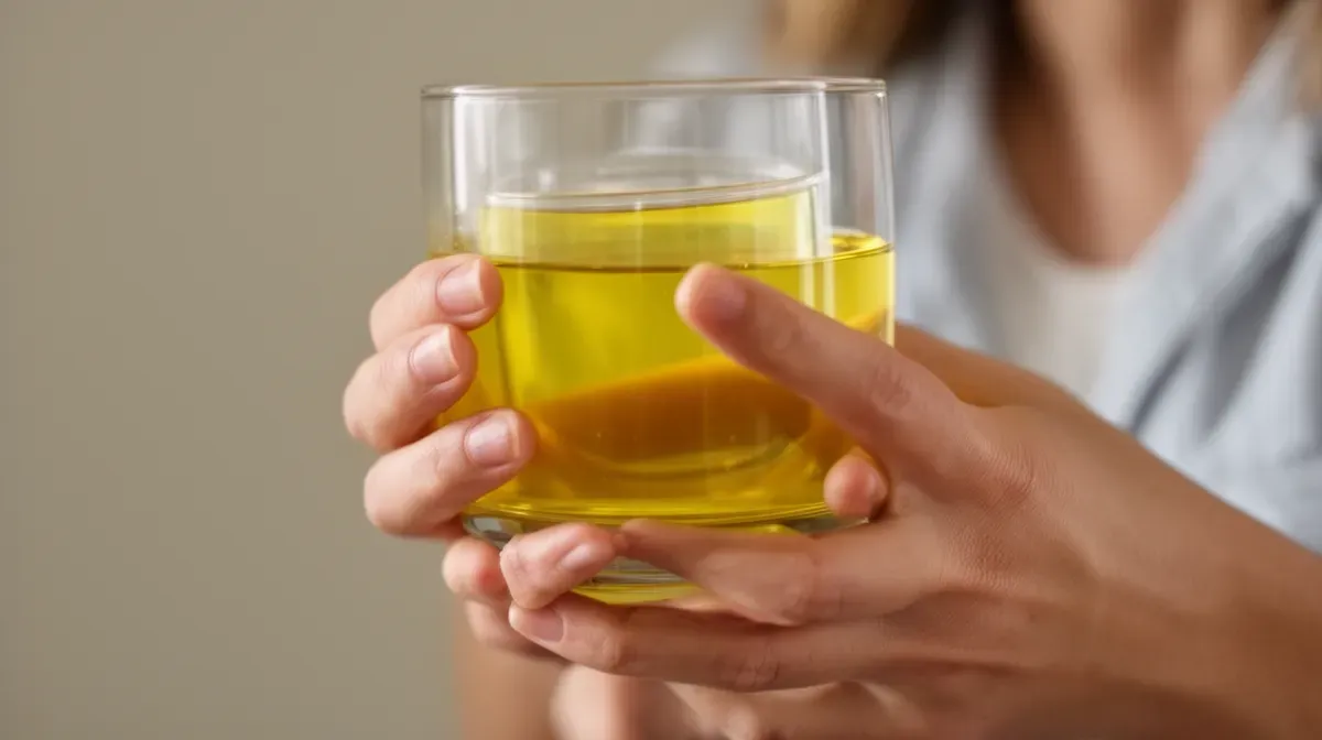 Mains tenant un verre d'eau jaune, lumière naturelle, arrière-plan neutre