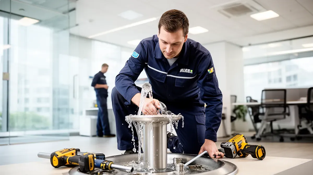 Technicien installant une fontaine à eau dans un bureau d'entreprise