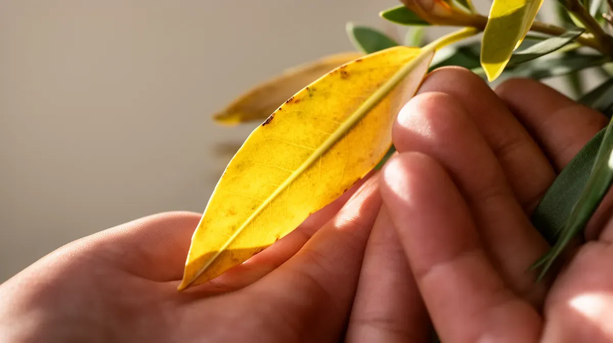 Gros plan sur une feuille jaune de laurier rose tenue à la main