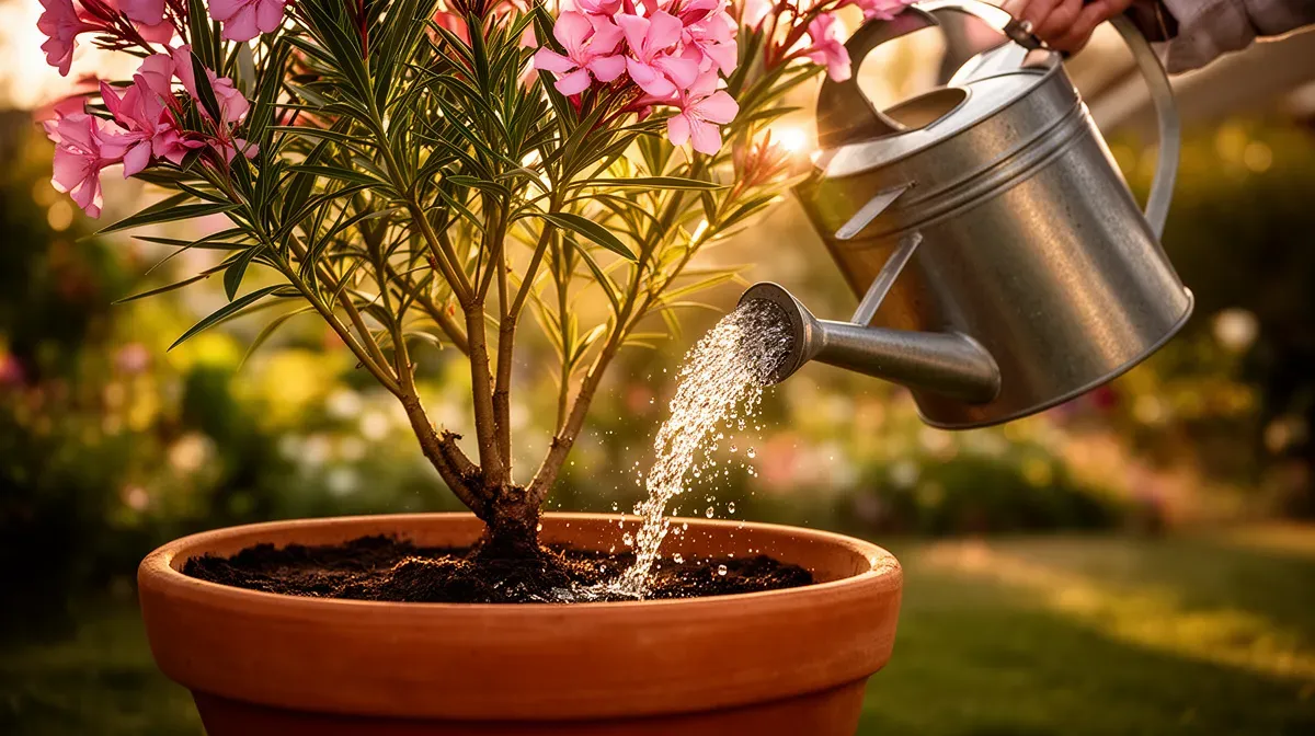 Arrosage d'un laurier rose en pot avec un arrosoir
