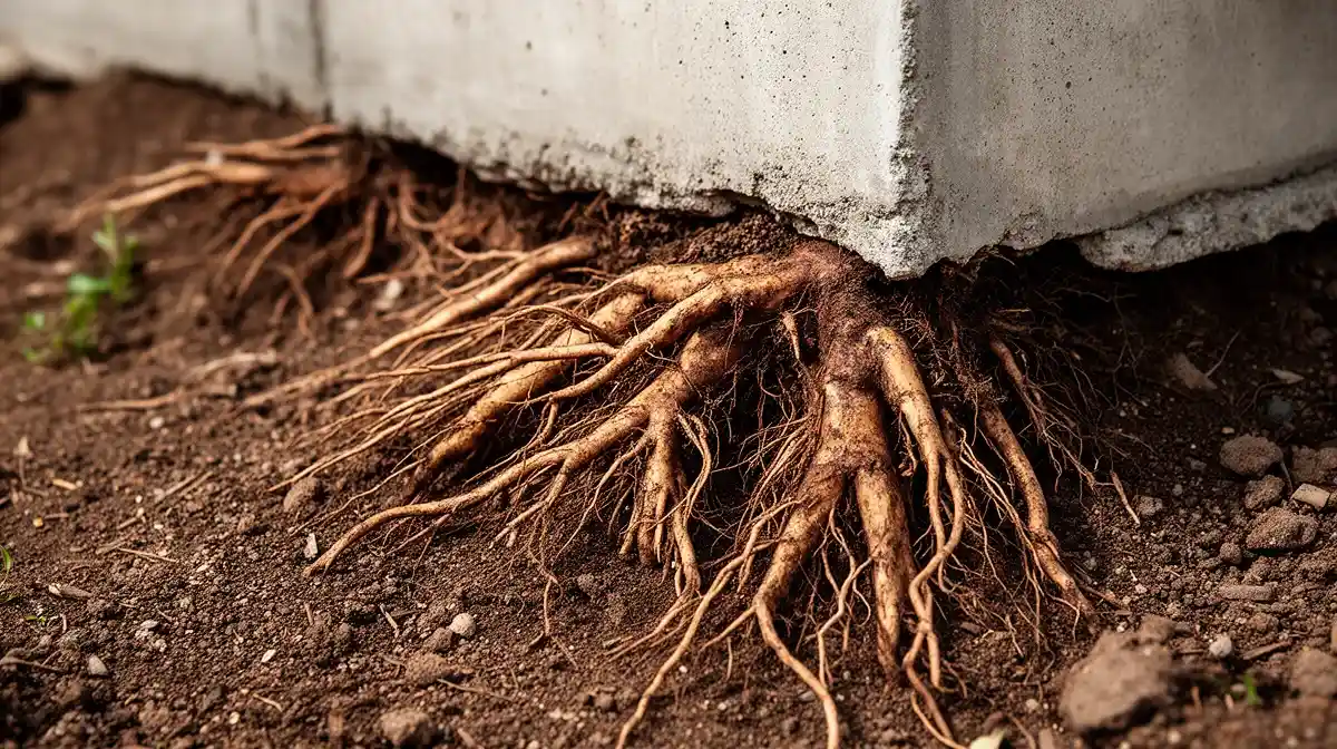 Racines de laurier rose près d'une fondation en béton
