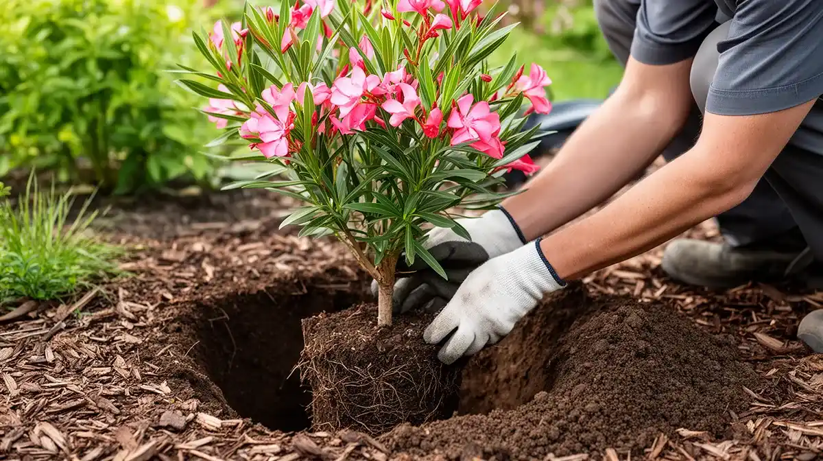 Plantation d'un laurier rose en pleine terre