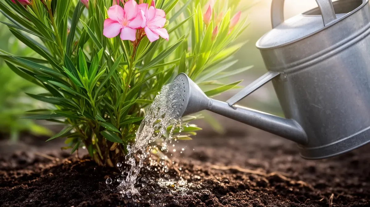 Arrosage d'un laurier rose au pied de la plante