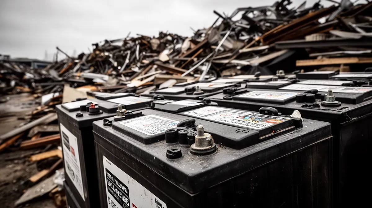 Batteries de voiture au plomb empilées dans une décharge, prises en contre-plongée
