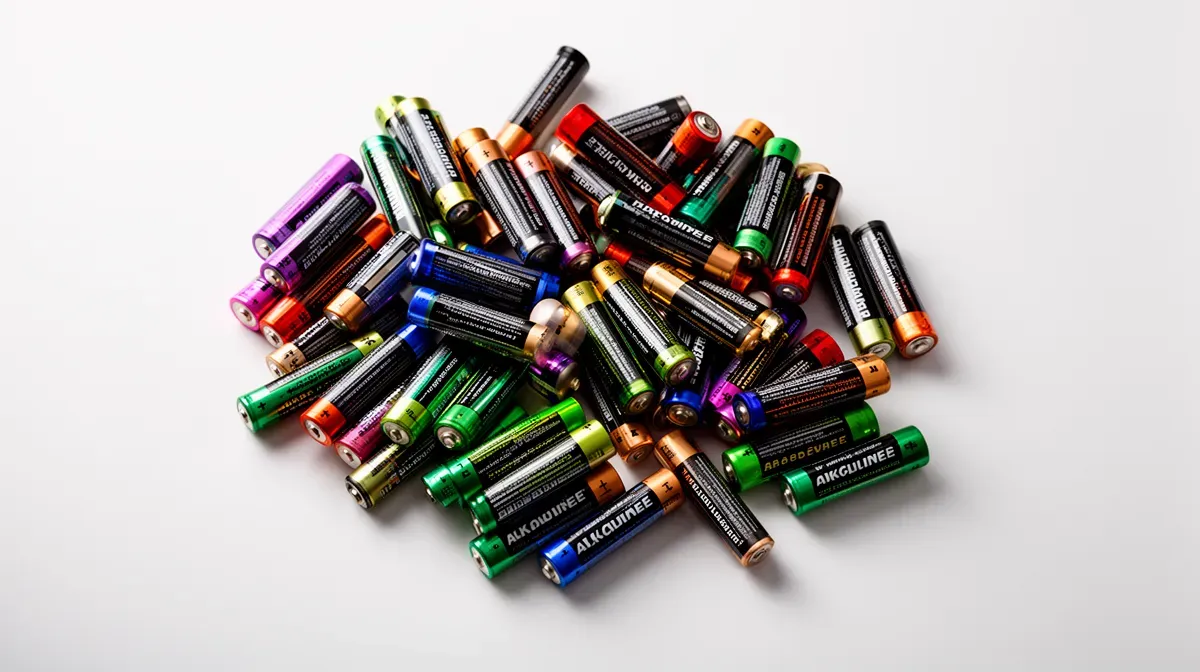 Piles alcalines AA et AAA triées par couleur, vue de dessus sur fond blanc