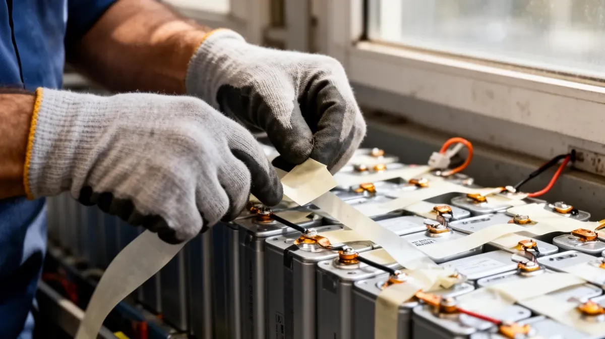 Gros plan sur des mains gantées isolant les bornes de batteries lithium-ion avec du ruban adhésif