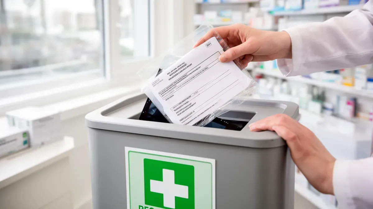 Dépôt de radiographies dans un bac de recyclage dédié en pharmacie