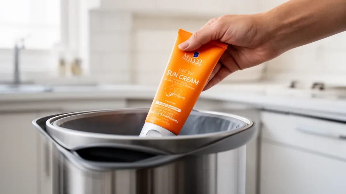 Tube de crème solaire jeté dans une poubelle ménagère
