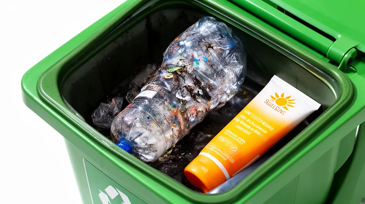 Bac de recyclage avec un tube de crème solaire contaminant le lot