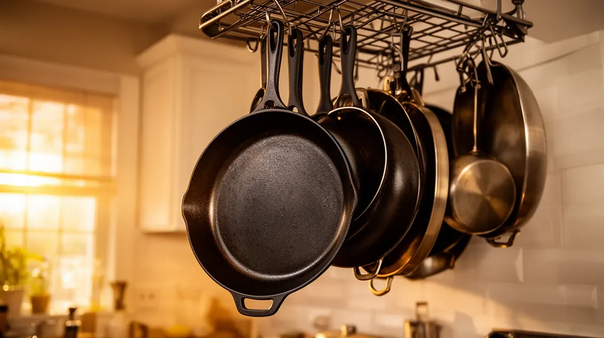 Poêle en fonte bien entretenue accrochée dans une cuisine, illustrant la durabilité