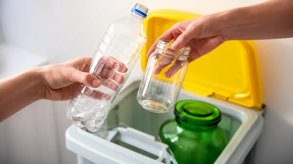 Main tenant un flacon en plastique et un pot en verre vides au-dessus de bacs de recyclage jaune et vert