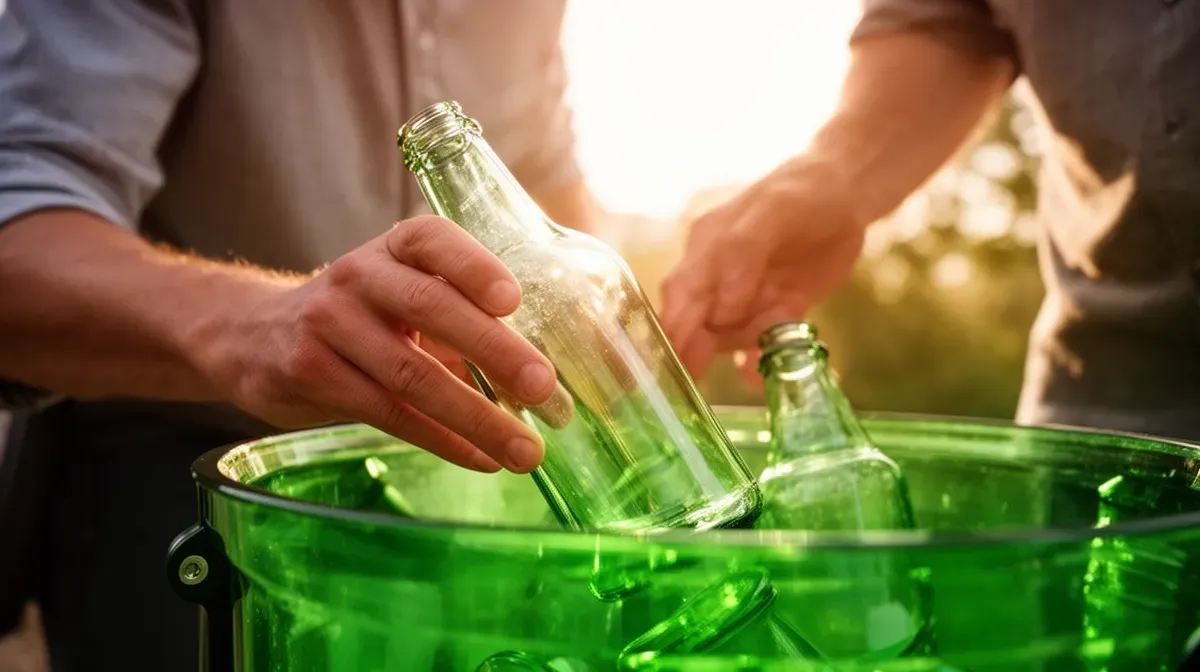 Mains déposant une bouteille en verre dans un conteneur à verre vert, geste de recyclage responsable