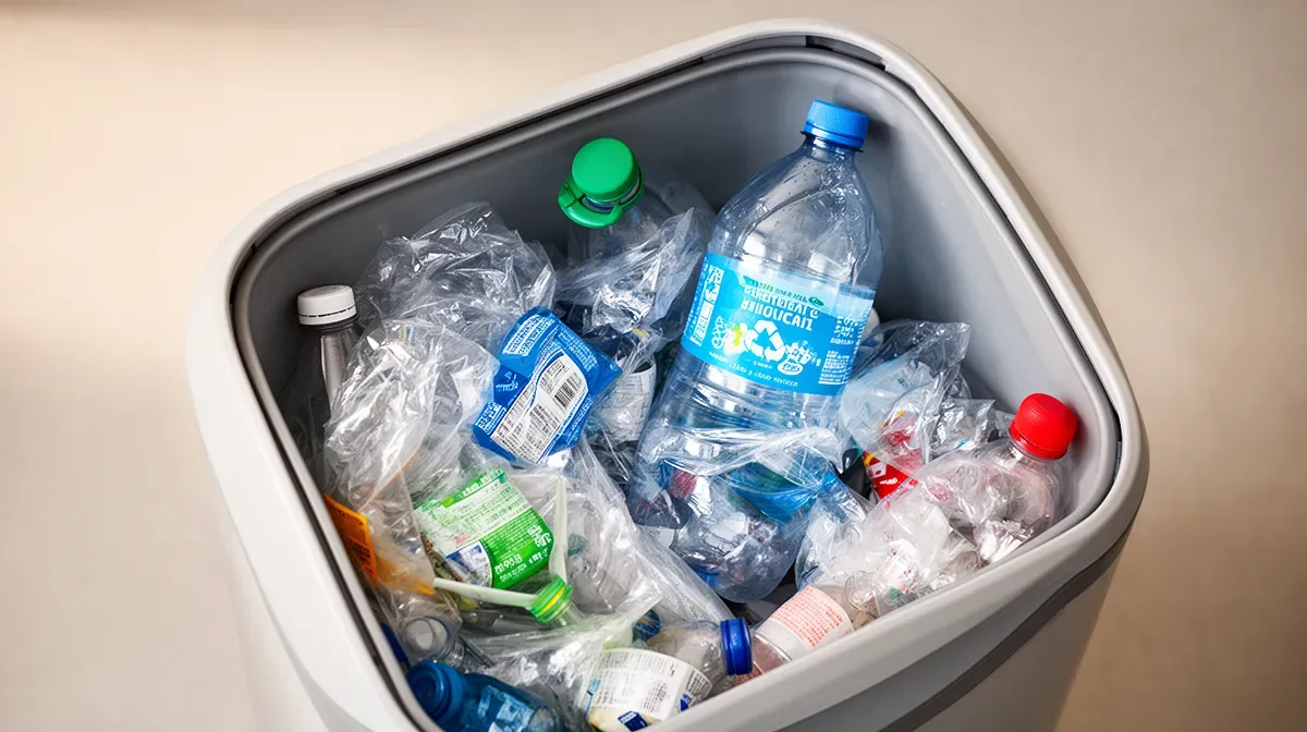 Vue de dessus d'un bac de recyclage avec une bouteille en plastique et d'autres matériaux recyclables