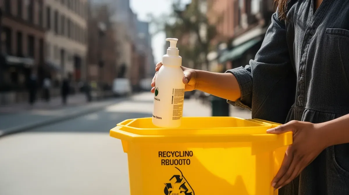 Personne déposant une bouteille de shampooing dans un bac de recyclage jaune
