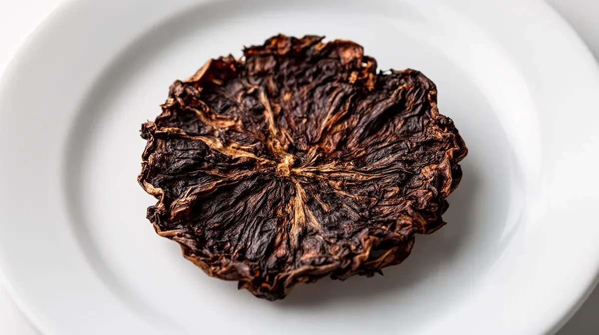 Gros plan d'une mère de vinaigre morte, sèche et brun foncé, sur une assiette blanche