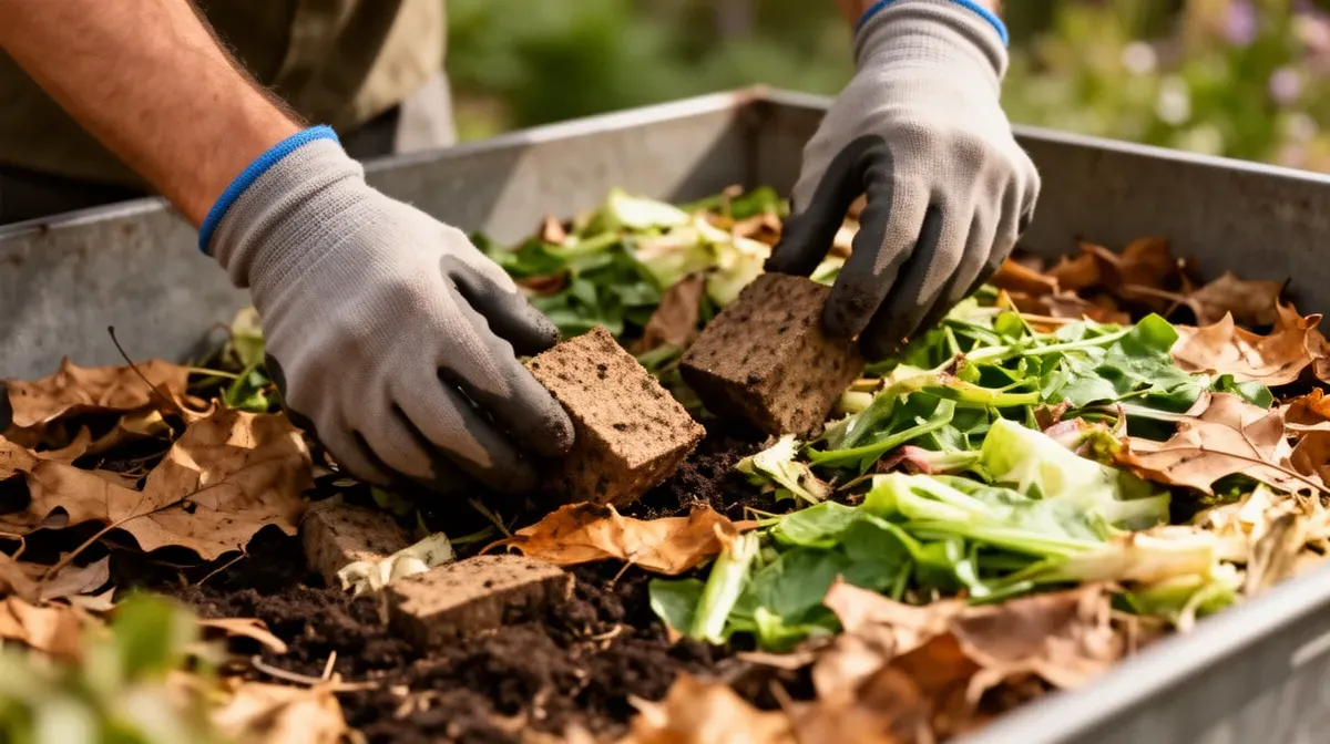 Mains gantées déposant des morceaux de mère de vinaigre dans un composteur avec des feuilles mortes
