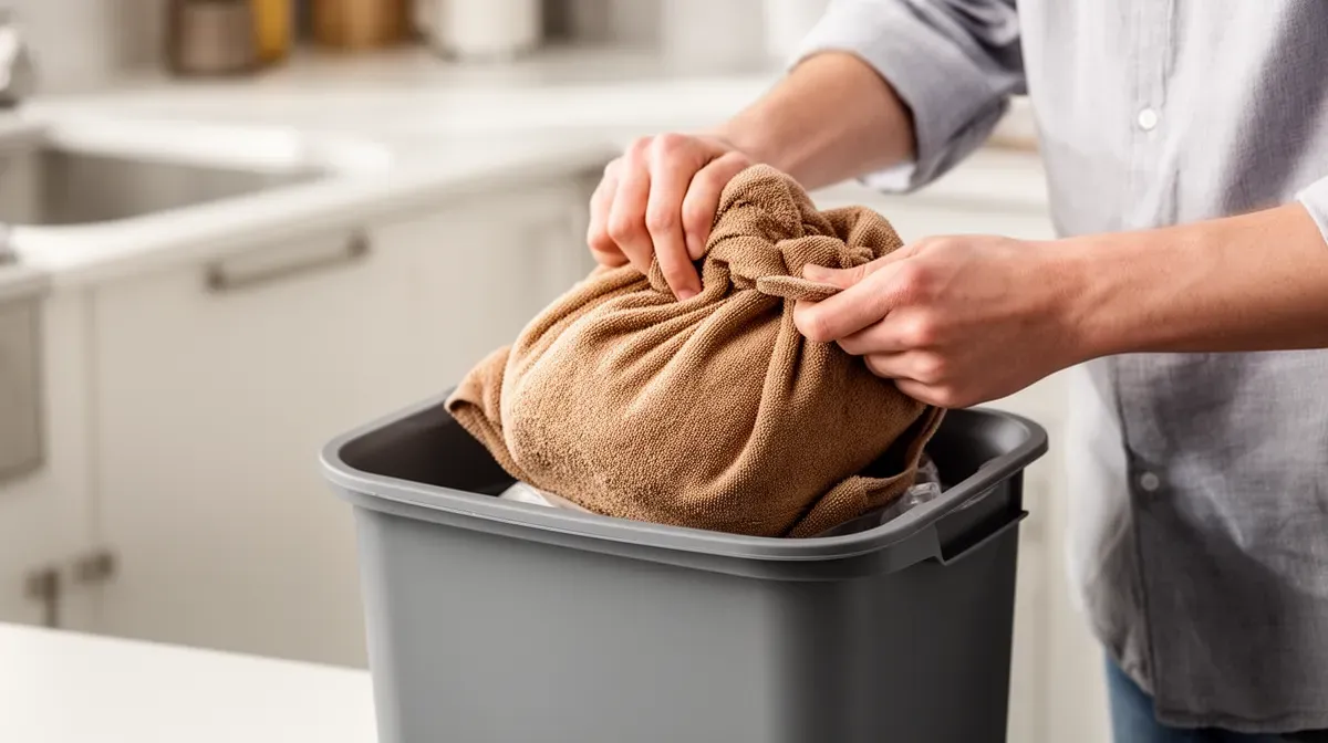 Personne enveloppant une mère de vinaigre dans du papier absorbant avant de la jeter à la poubelle grise