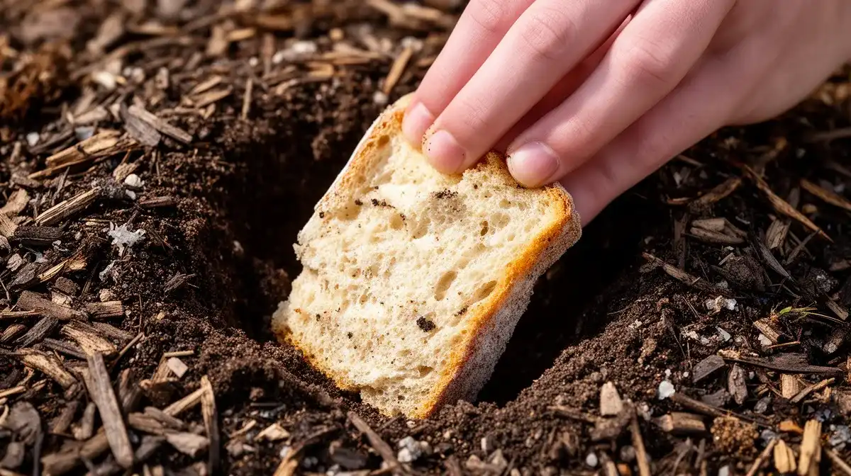 Gros plan d'une main enfouissant un morceau de pain rassis dans un tas de compost
