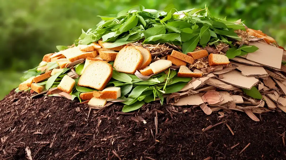 Vue de côté d'un tas de compost équilibré avec des couches de matières vertes et brunes, incluant du pain