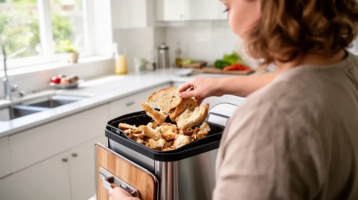Personne ajoutant des restes de pain dans un composteur de cuisine, vue de l'épaule