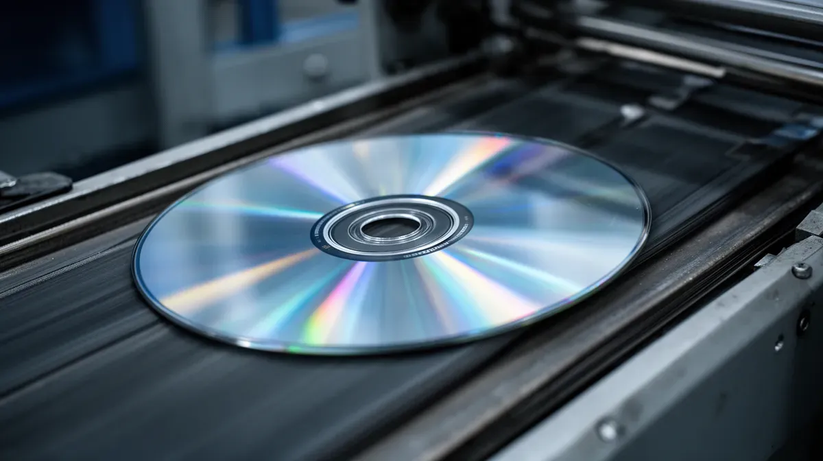 Gros plan d'un CD sur un tapis roulant dans un centre de tri, illustrant son parcours chaotique
