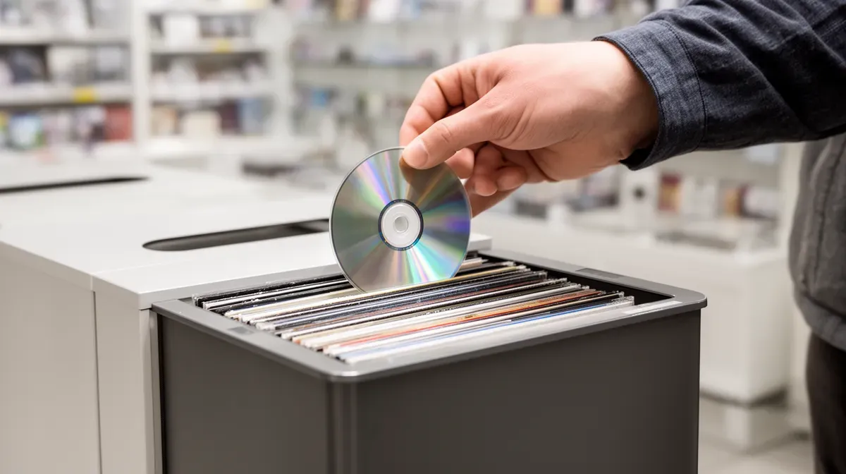 Main déposant un CD dans une borne de collecte spécialisée en magasin