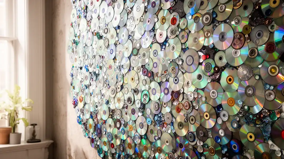 Mosaïque décorative réalisée à partir de CD recyclés, illustrant l'upcycling