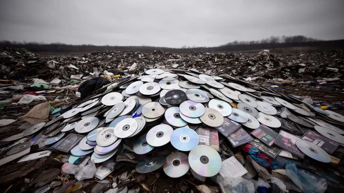 Pile de CD et DVD abandonnés dans une décharge, illustrant l'absence de filière de recyclage