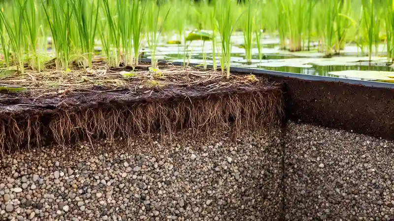 Coupe transversale d'un lit de filtration de phytoépuration montrant les racines des plantes et les couches de gravier