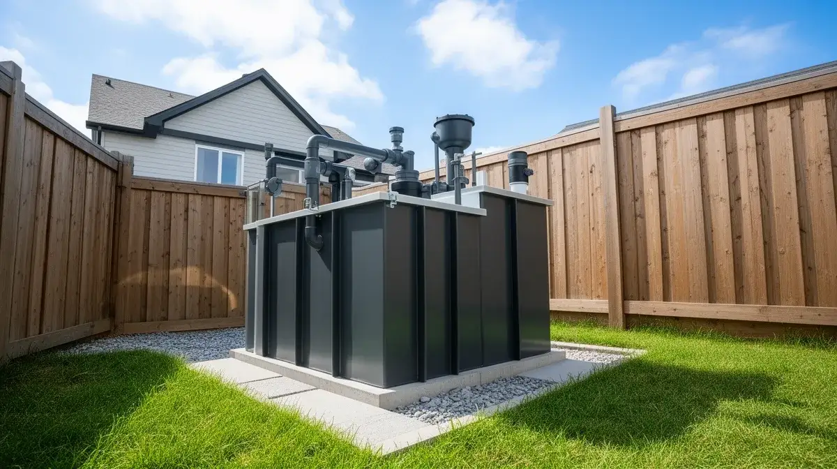 Micro-station d'assainissement compacte installée dans un petit jardin, avec un aspect moderne et technologique
