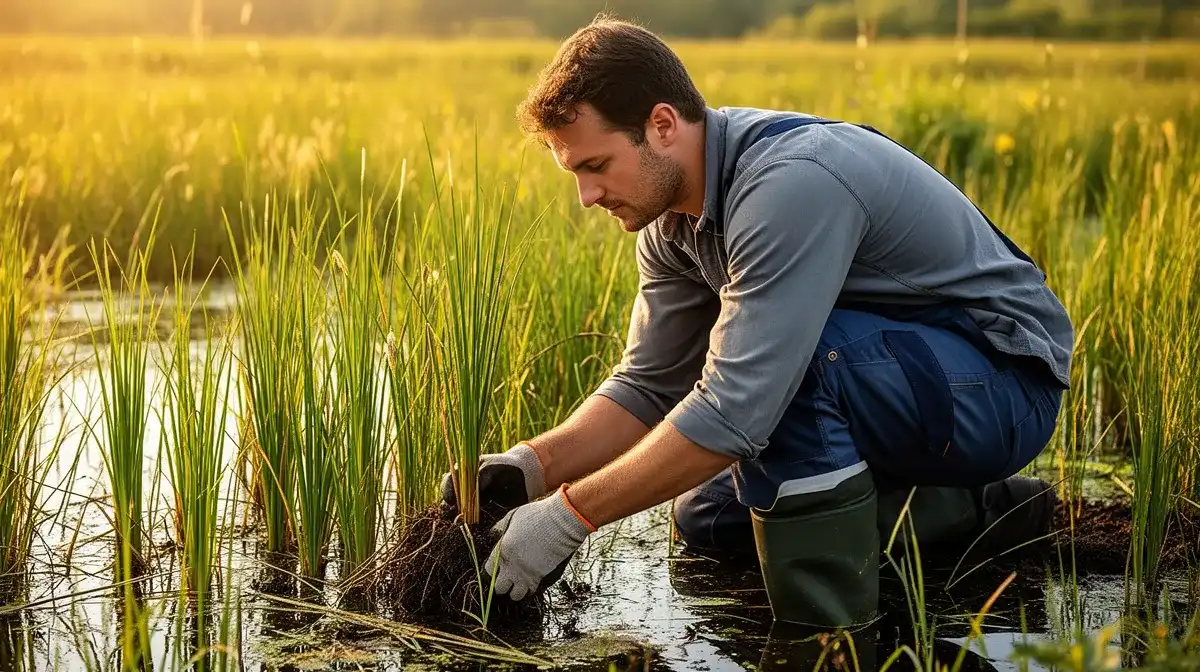 Jardinier plantant des roseaux dans un bassin de phytoépuration, geste précis et cadre naturel