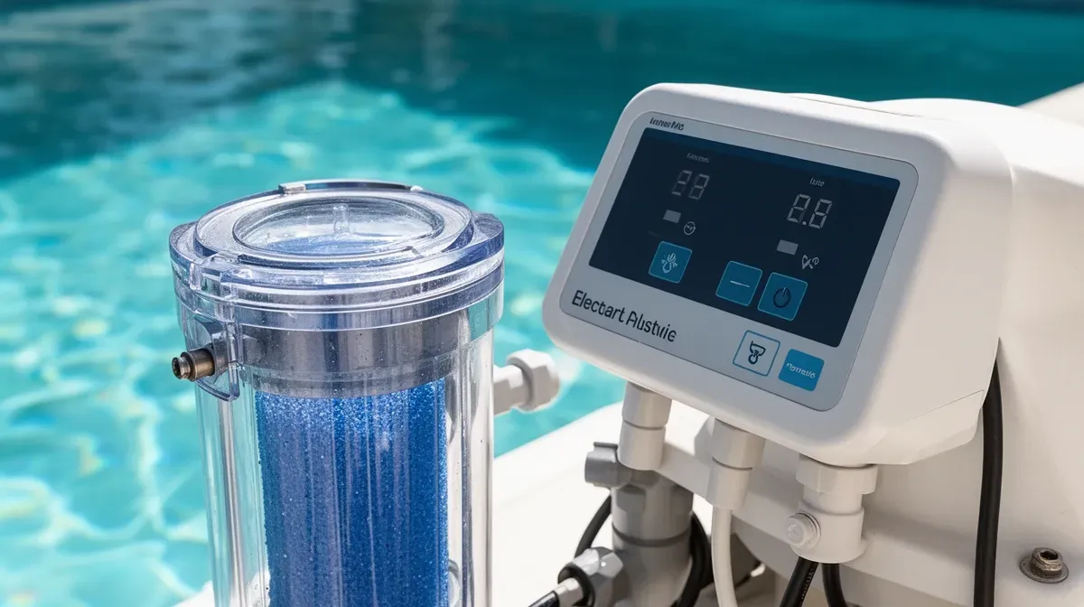 Gros plan sur l'électrolyseur d'une piscine au sel avec cellule de sel et panneau de contrôle