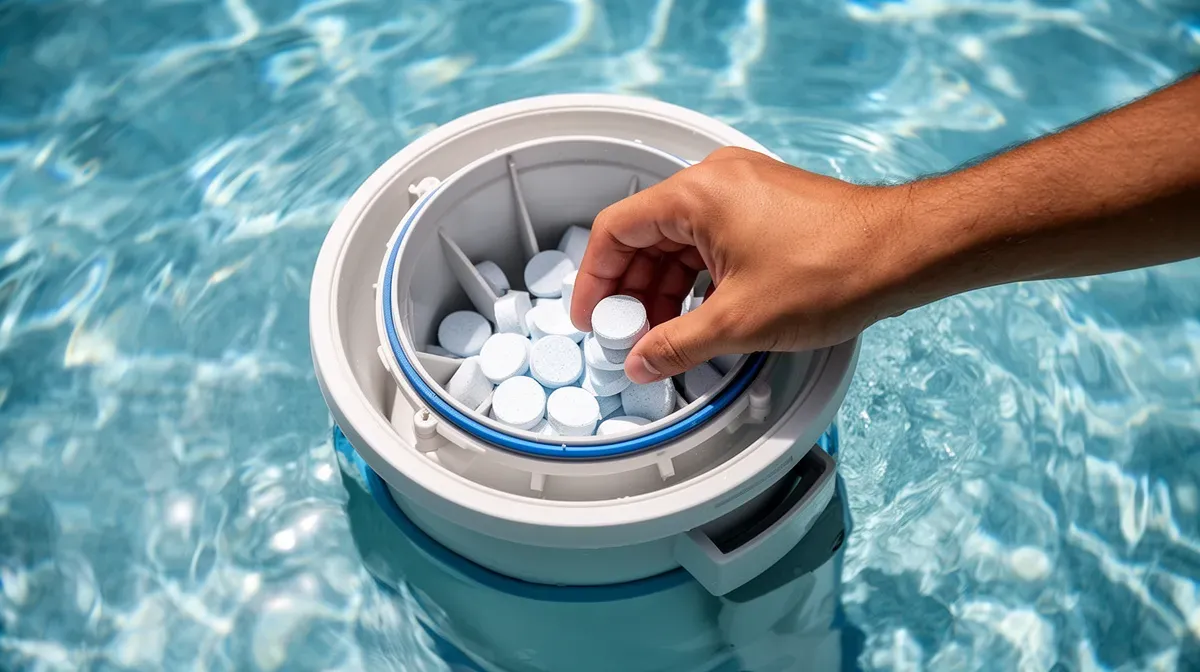Main versant des pastilles de chlore dans le skimmer d'une piscine