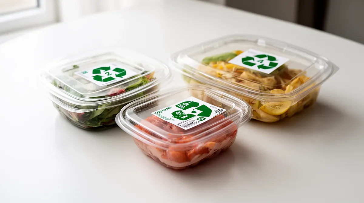 Trois boîtes de conservation en plastique avec les codes de recyclage 2, 4 et 5 visibles