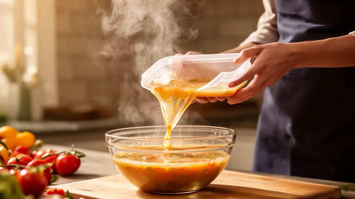 Personne versant une soupe chaude d'un contenant en plastique vers un bol en verre