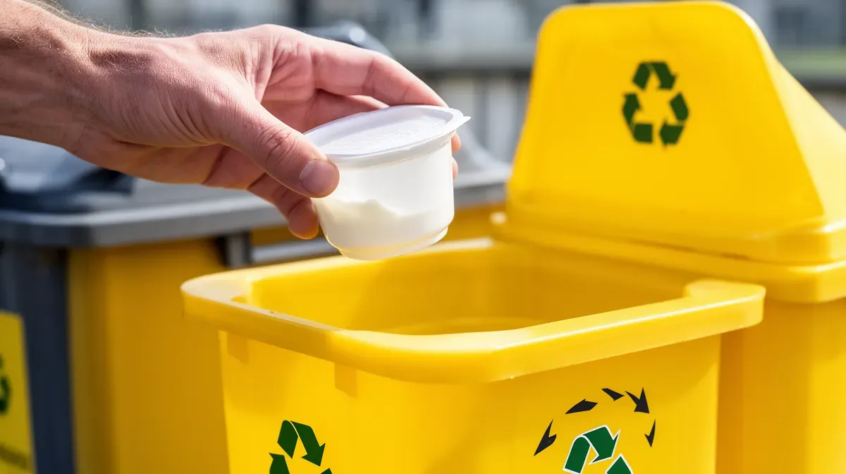 Main déposant un pot de yaourt vide dans un bac de tri jaune