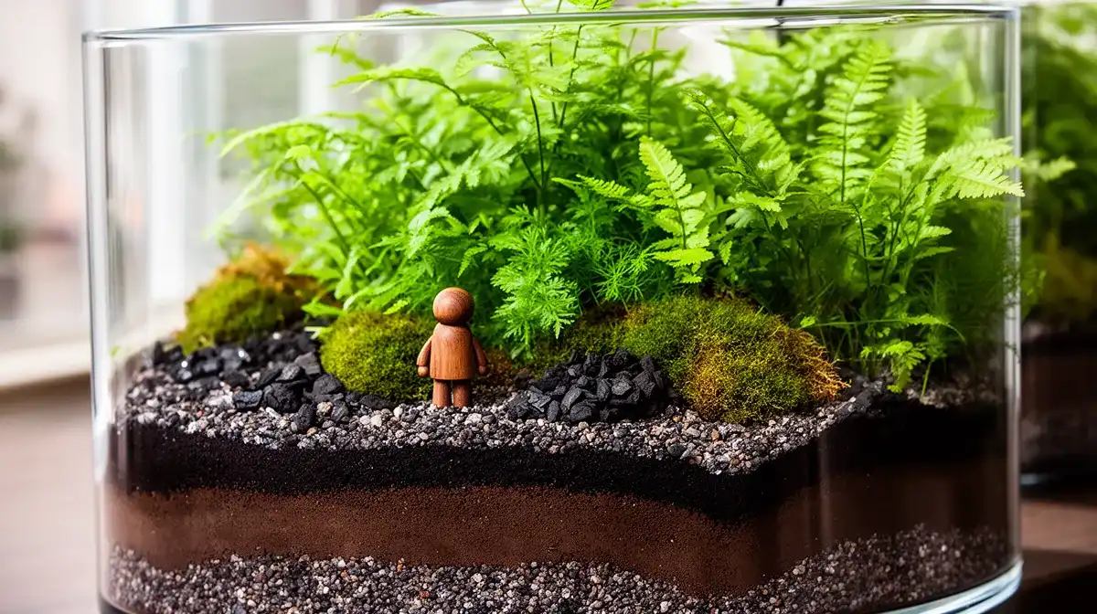 Terrarium dans un aquarium avec couches de drainage, charbon actif et terreau, plantes vertes luxuriantes