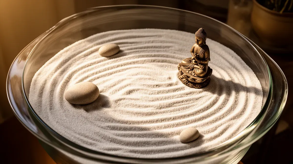 Jardin zen miniature dans un aquarium vide avec sable ratissé, galets et statue de Bouddha
