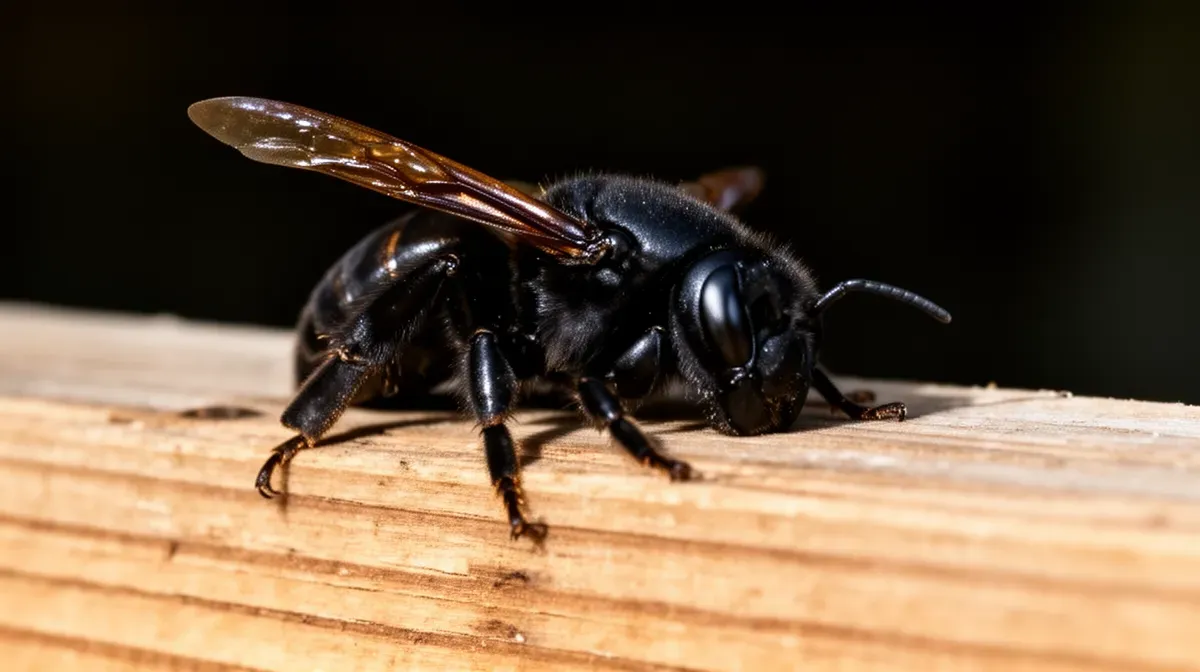 Gros plan sur une abeille charpentière posée sur une poutre en bois