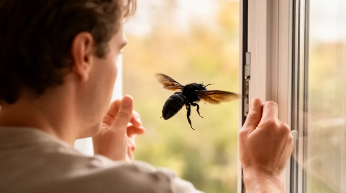 Personne ouvrant une fenêtre pour laisser sortir une abeille charpentière