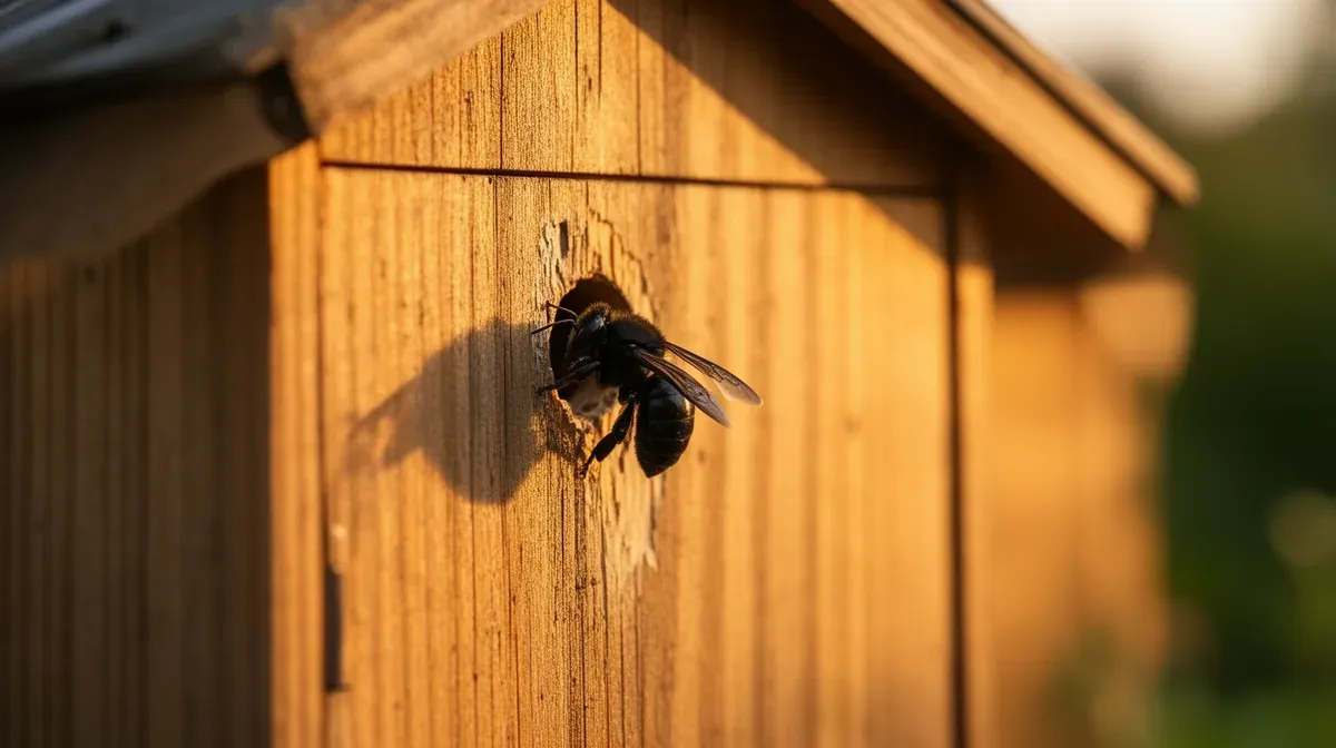 Abeille charpentière entrant dans son nid dans une structure en bois