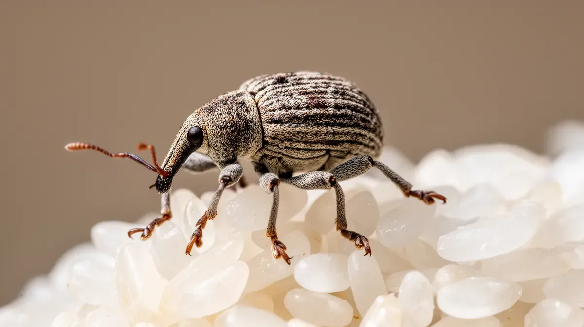 Macro d'un charançon du blé sur un grain de riz