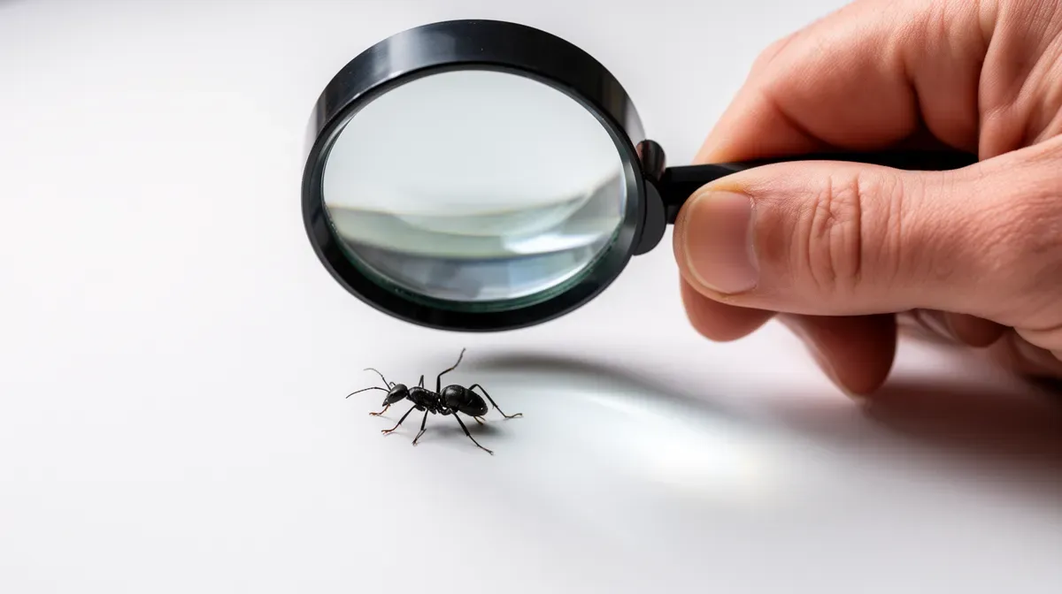 Personne examinant un petit insecte noir à la loupe