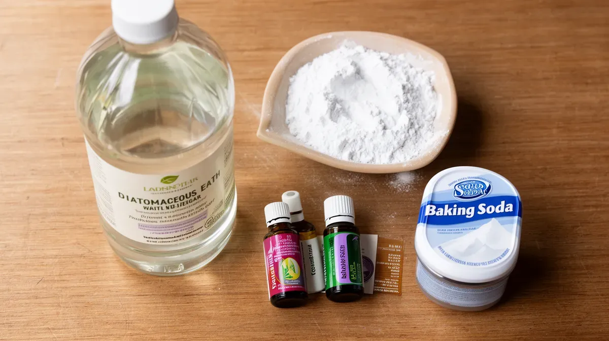 Ingrédients naturels pour éliminer les insectes : vinaigre blanc, terre de diatomée, bicarbonate, huiles essentielles